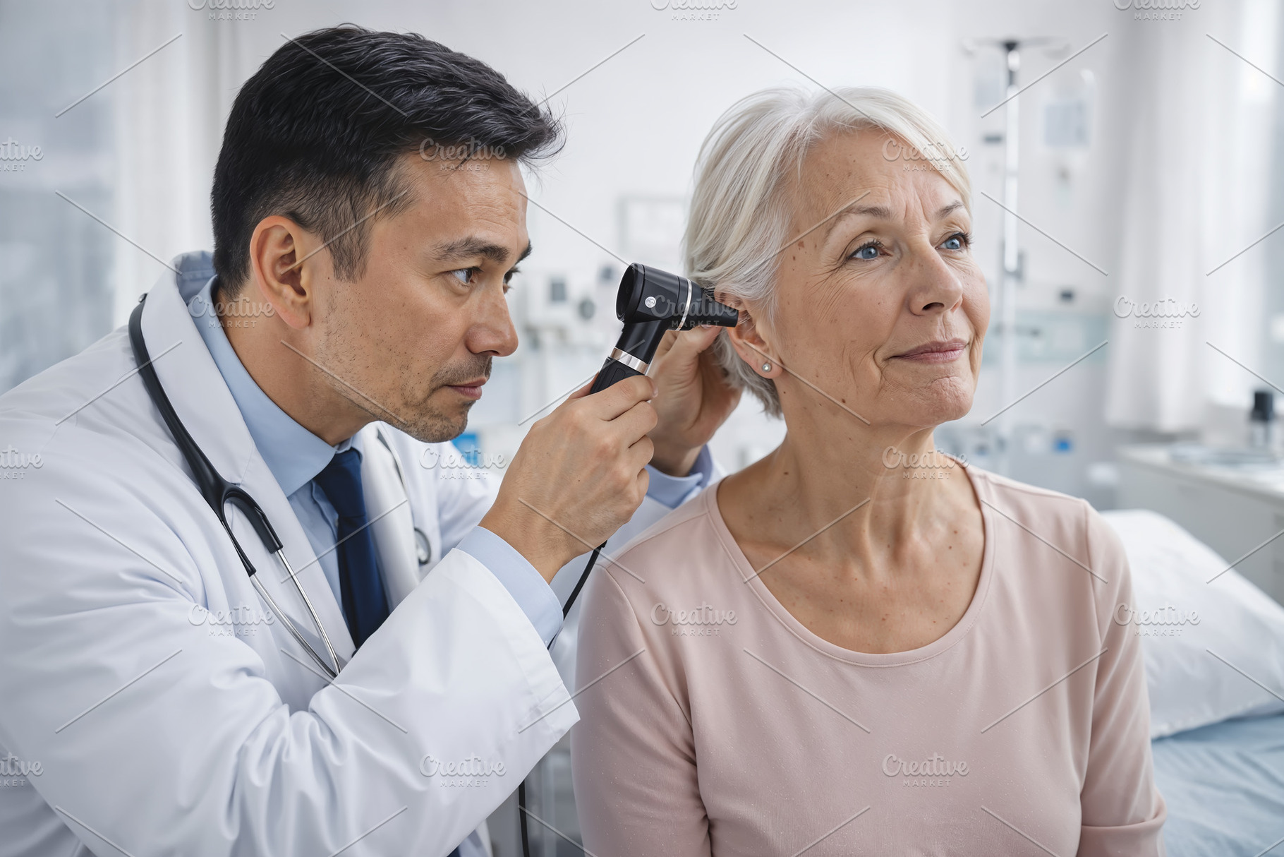 Doctor examining the hearing of an e, a Health & Medical Photo by angellodeco