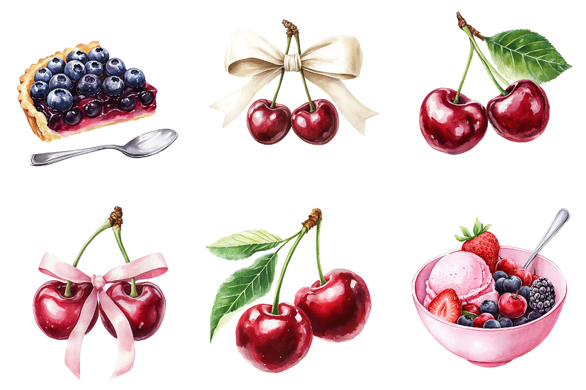 Watercolor Cherry Clipart, a Seasonal Illustration by CitraGraphics (Photo 3 of 8)
