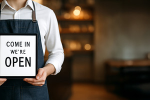 Small business owner holding open si, a Photo by Dvoevnore photos