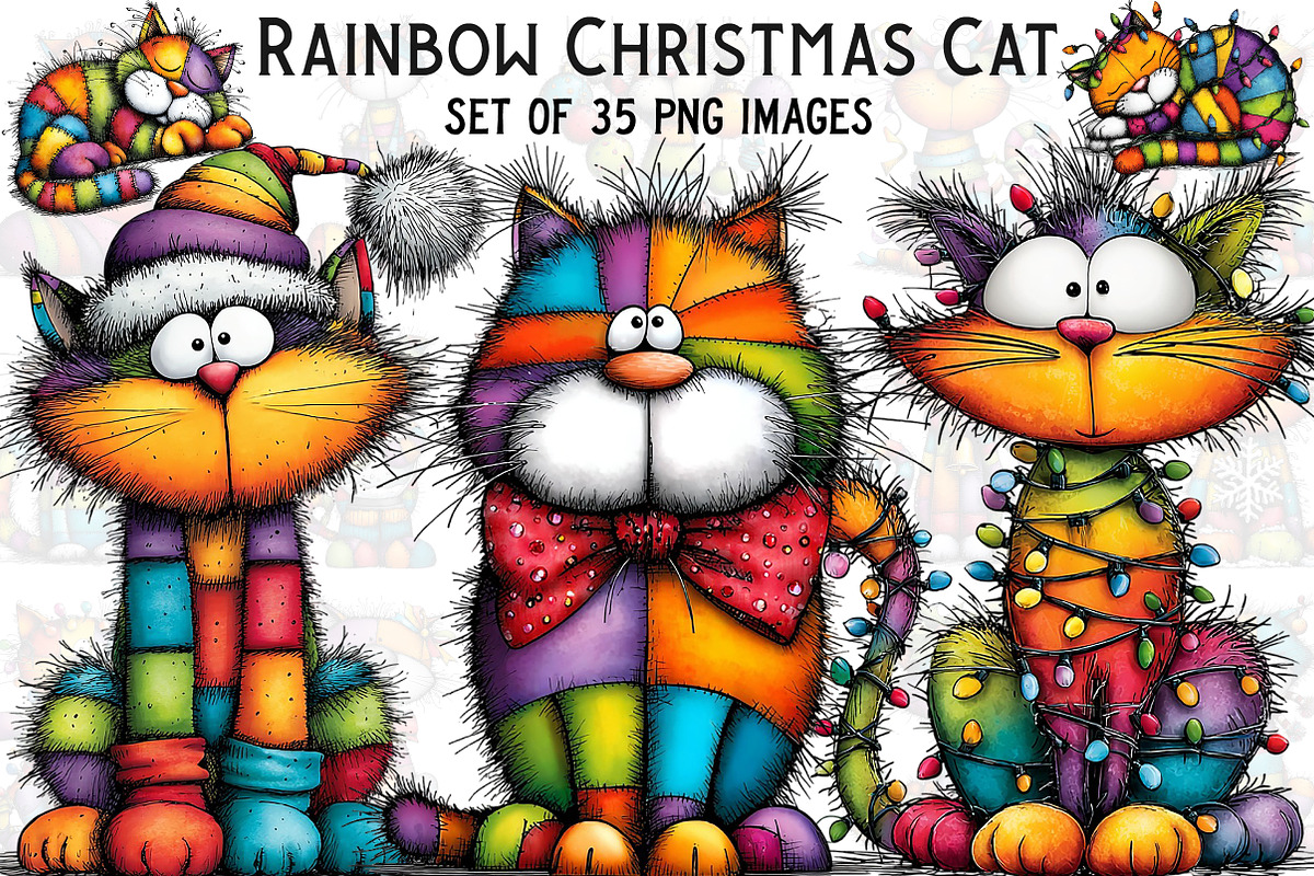 Rainbow Christmas Cat Clipart, an Illustration by Craft Nest (Photo 1 of 9)