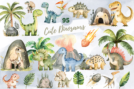 Cute Dinosaur Watercolor Cliparts, an Animal Illustration by SugarCloudStudioArt