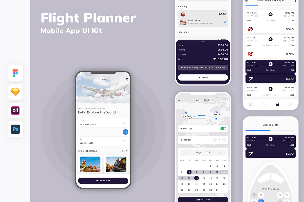 Flight Planner Mobile App UI Kit, an UI Kit Template by uicube