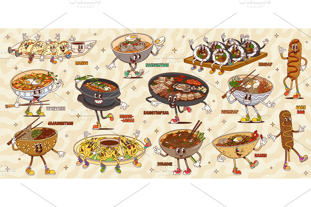 Cartoon groovy korean cuisine, a Food Illustration by Vector Tradition