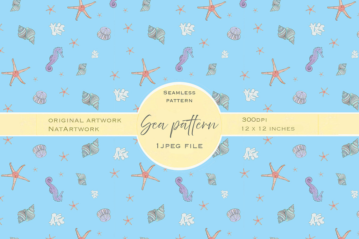 Blue Sea Life seamless pattern, a Seasonal Illustration by NatArt (Photo 1 of 3)