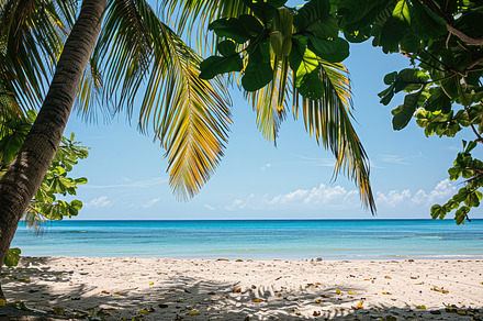 A tropical beach with palm trees, a Nature Photo by Virgo Studio