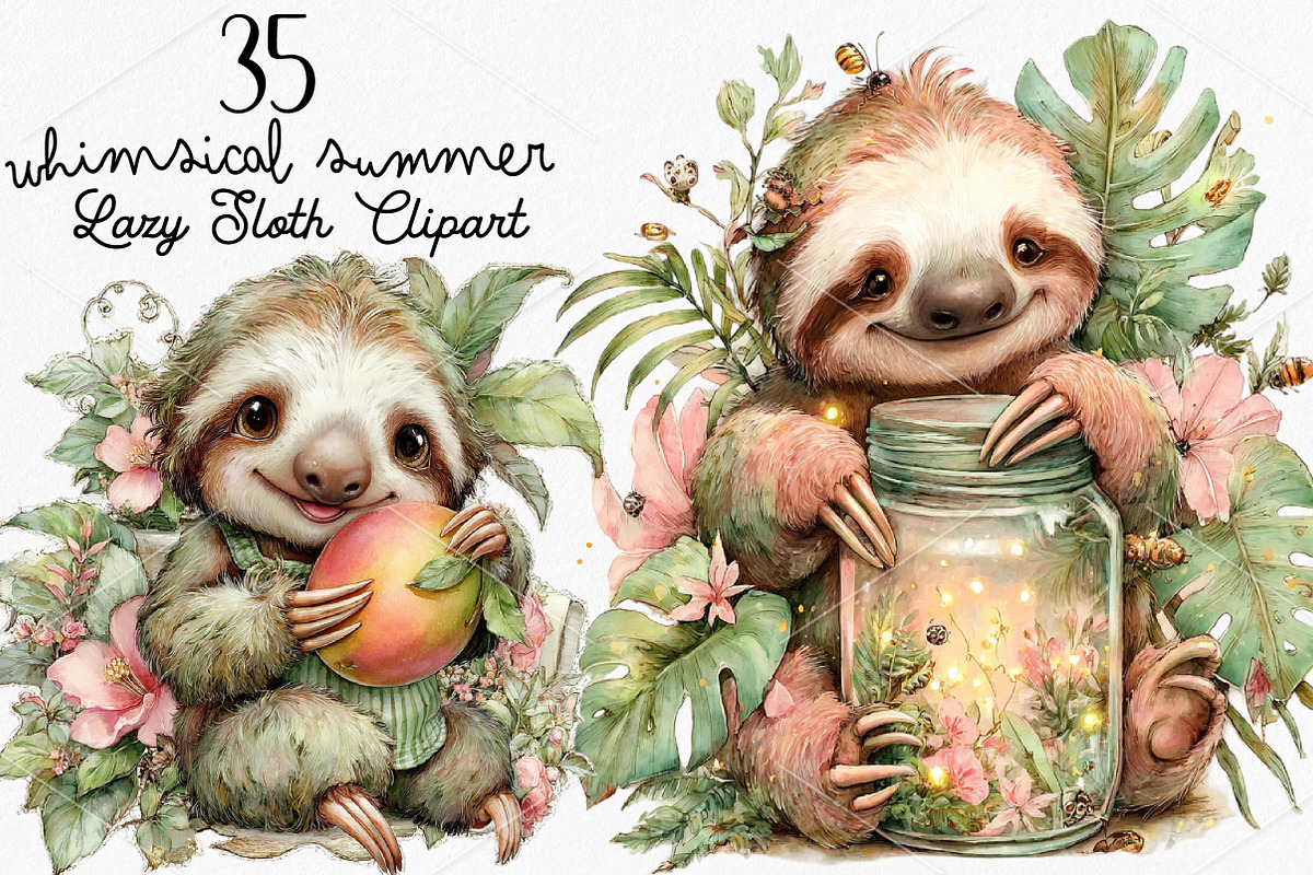 Whimsical Summer Lazy Sloth Clipart, a Seasonal Illustration by Canvas Craft (Photo 1 of 7)