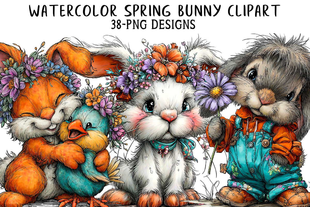 Watercolor Spring Bunny Clipart PNG, an Illustration by Daily.Designs (Photo 1 of 8)