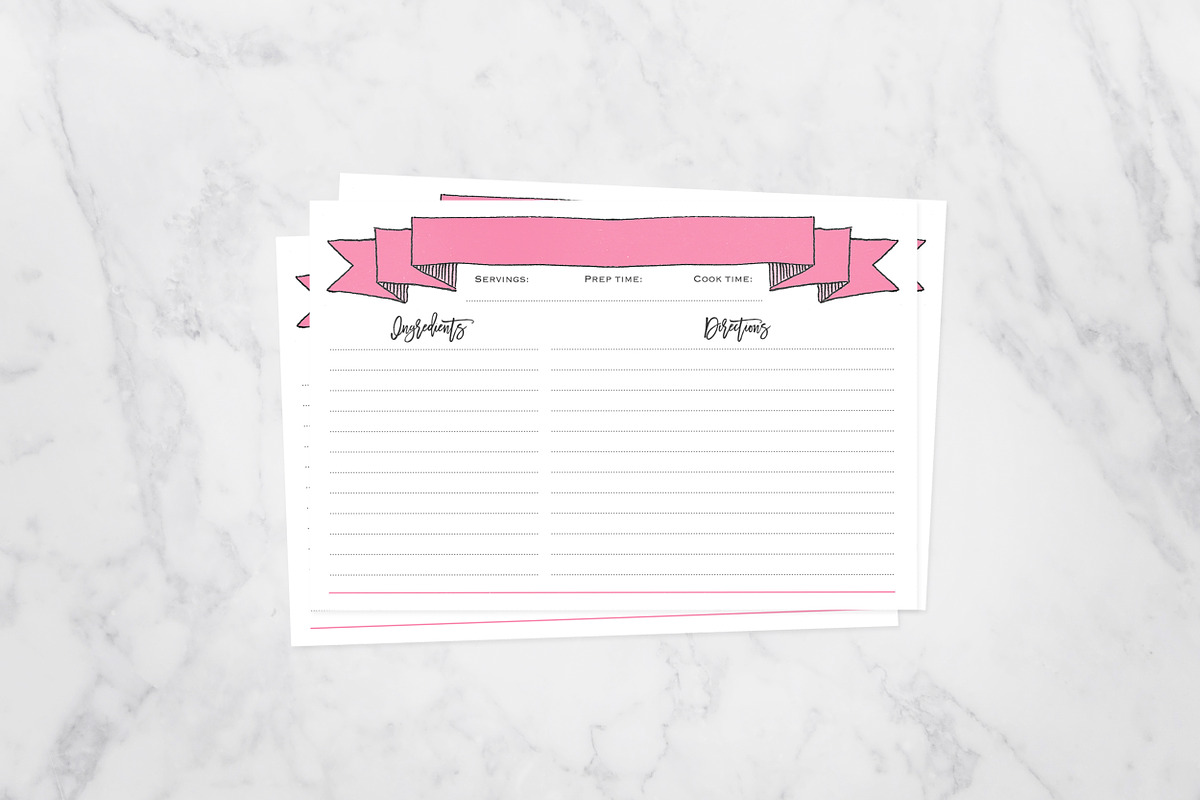 Pink Banner Recipe Cards 4x6 Fill in, a Card Template by OhEverythingHandmade (Photo 1 of 2)