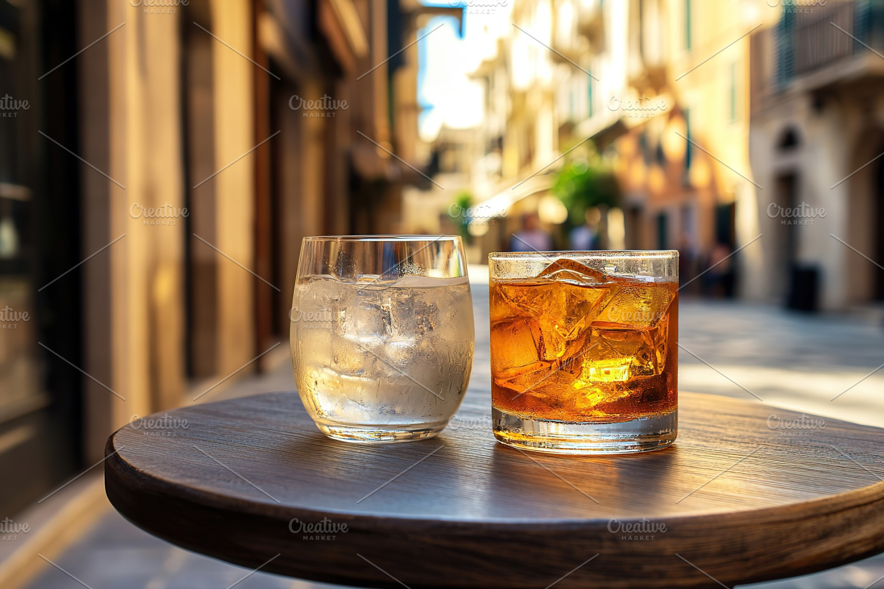 Alcoholic cocktails with ice cubes on table of italian sidewalk cafe, a Food & Drink Photo by AlyaAnd