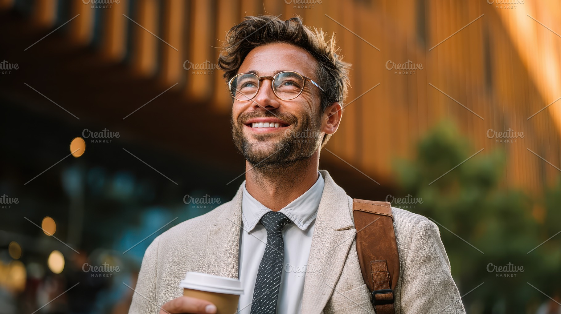 Happy businessman coffee city street, a Photo by Pixeness Studio
