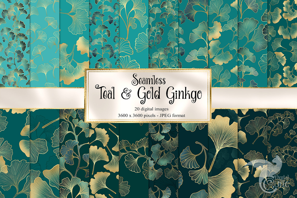 Teal and Gold Ginkgo Digital Paper, a Texture Graphic by Digital Curio (Photo 1 of 5)