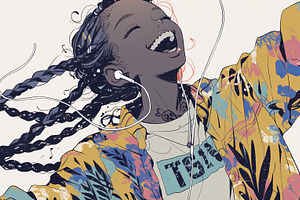 Joyful woman dancing with music in earphones and colorful vibrant outfit, a Photo by AS photostudio