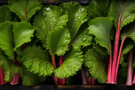Fresh rhubarb leaves with vibrant green color and pink stalks, glistening with, a Food & Drink Photo by Textures & Backgrounds