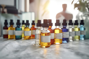 Set of different essential oils used in aromatherapy, a Photo by Grafvision photography