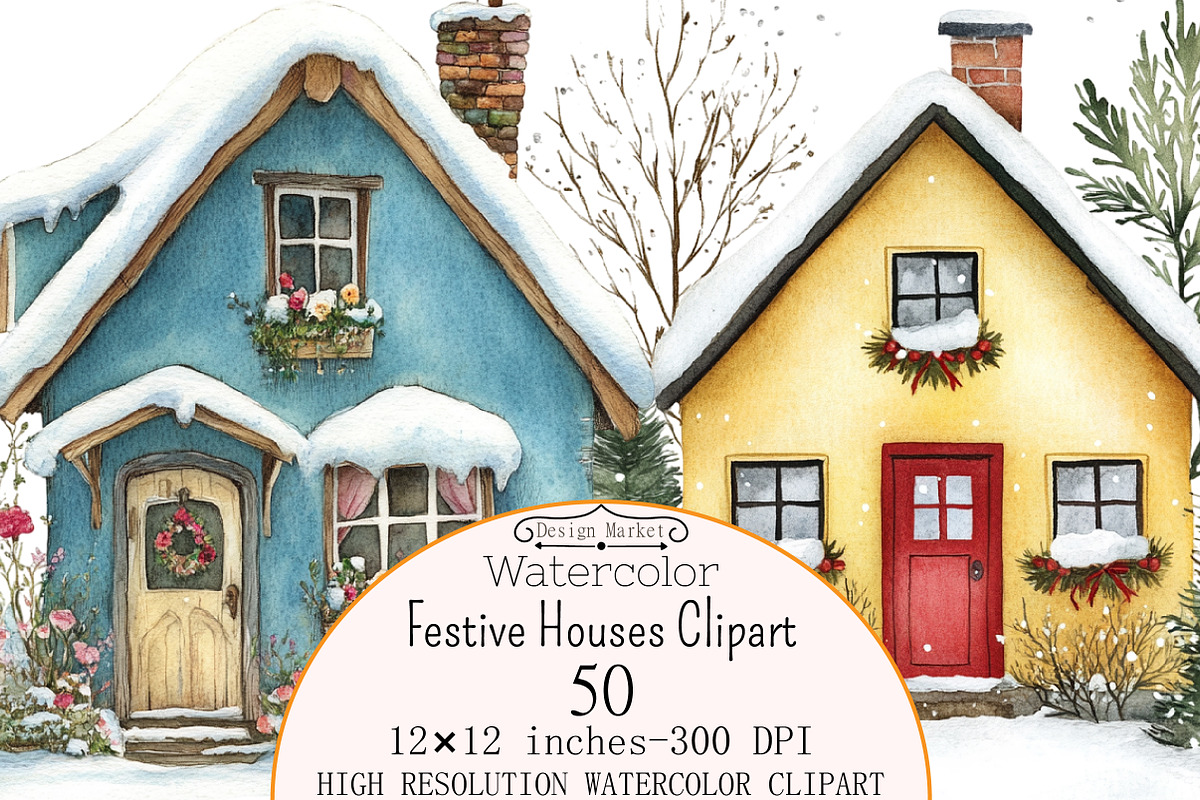 Watercolor Festive Houses Clipart, a Seasonal Illustration by Design Market (Photo 1 of 5)