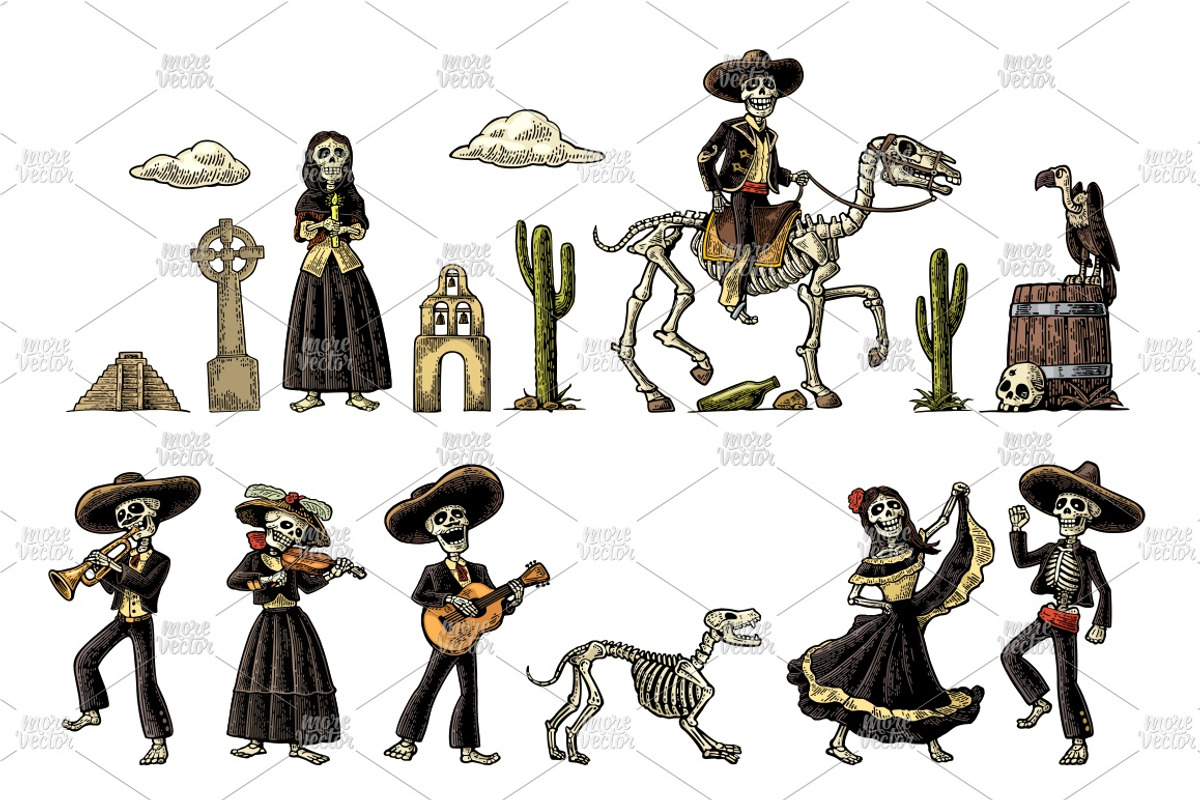 Bundle engraving mexican skeleton, an Illustration by MoreVector (Photo 2 of 14)