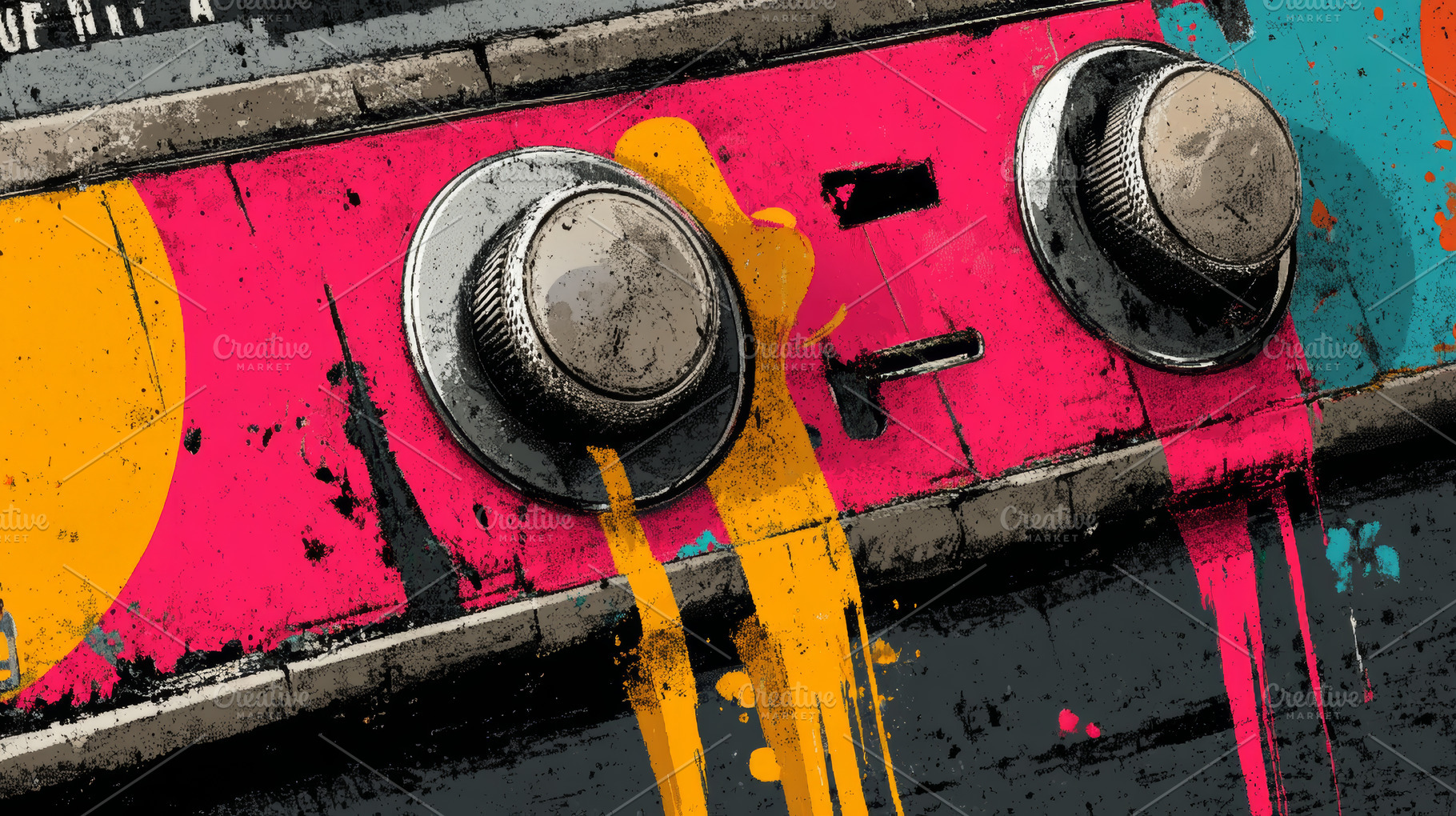 Colorful grunge amplifier close up with painted knobs and vibrant pop art music, a Photo by AS photostudio