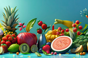 An array of colorful fruits and vege, a Photo by LOGOCREATIVE