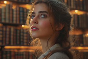 A young woman with long wavy hair gazes thoughtfully in a library filled with g, a Person Photo by ImageMir