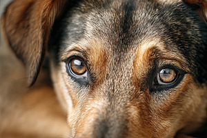 Close-up of a relaxed brown dog lying down indoors, gazing softl, an Animal Photo by Ales Munt