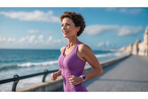 Active woman jogging along a seaside, an Illustration by tilialucida