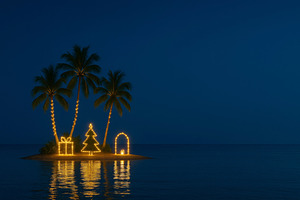 Christmas lights on tropical island with illuminated palm trees,, a Photo by Dvoevnore photos