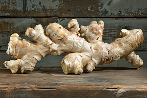 Fresh ginger root on wooden table, a Food & Drink Photo by AlyaAnd