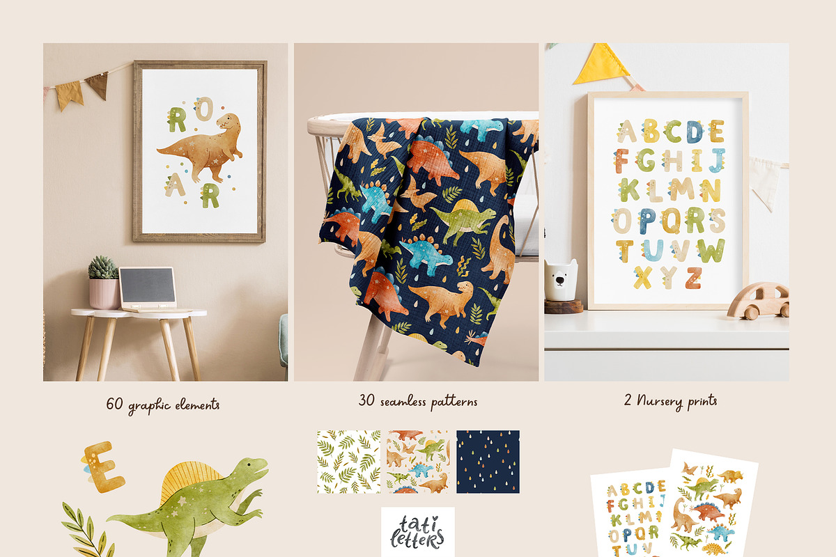 Watercolor Dinosaur clipart patterns, an Animal Illustration by tatiletters (Photo 2 of 11)