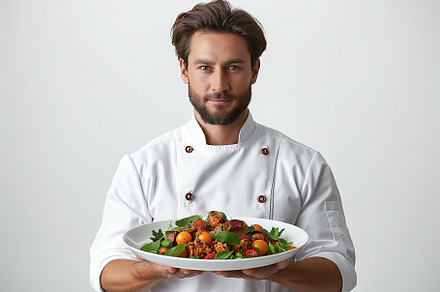 A male chef proudly presents a vibrant, fresh salad, showcasing his culinary sk, a Person Photo by ImageMir