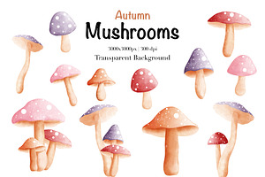 Watercolor Autumn Mushrooms Clipart.