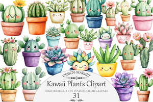 Watercolor Kawaii Plants Clipart, an Illustration by Design Market