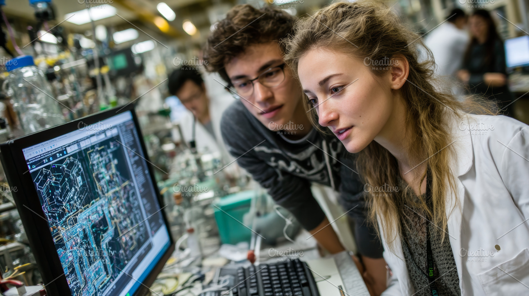 Young researchers analyzing data on a computer in a busy laboratory setting, an Industrial Photo by AS photostudio