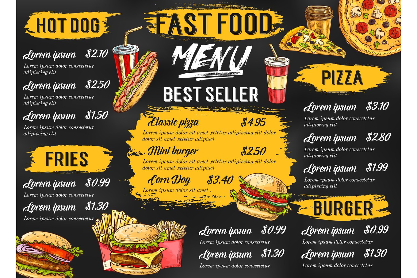 Fast food restaurant vector menu sketch template, a Food Illustration ...