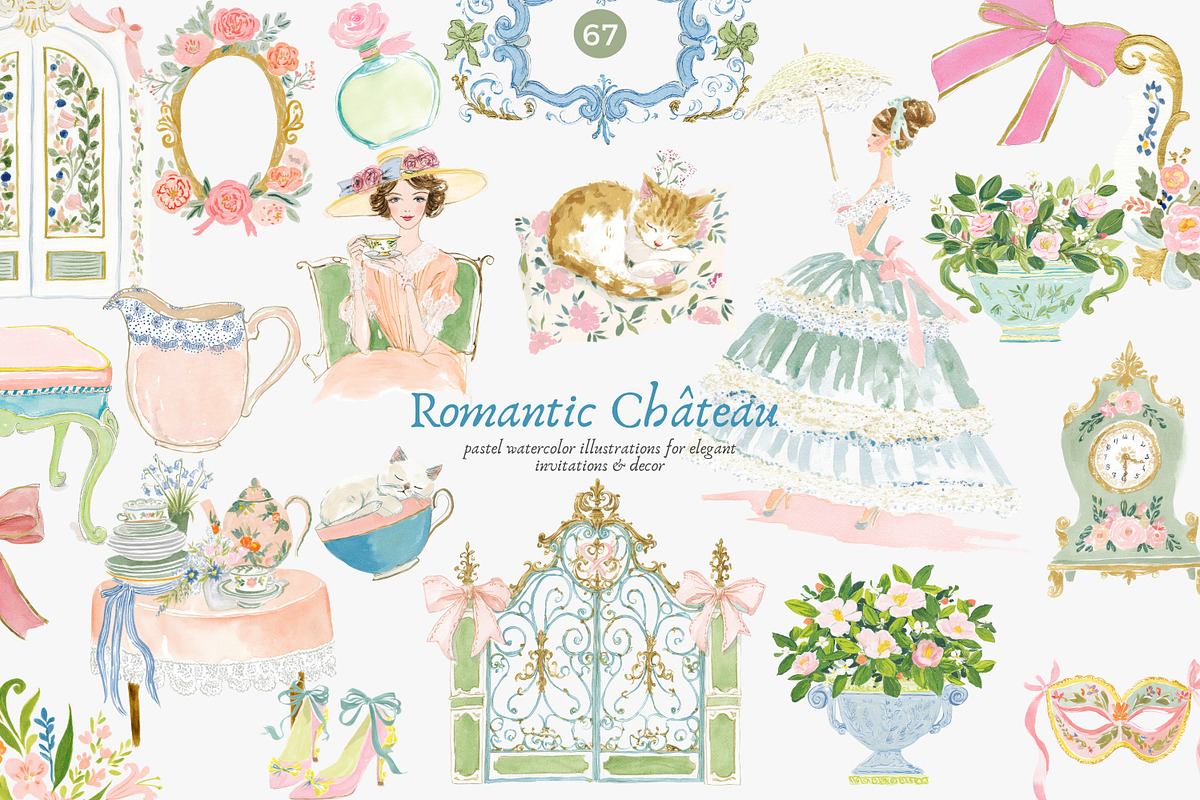 Romantic château watercolor clipart, a Decorative Illustration by Patishop Art (Photo 1 of 10)