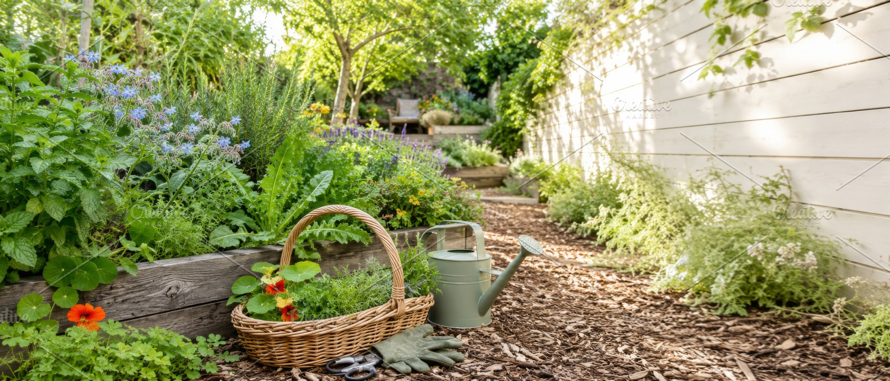 Foraging garden with lush plants and, a Photo by Dvoevnore photos