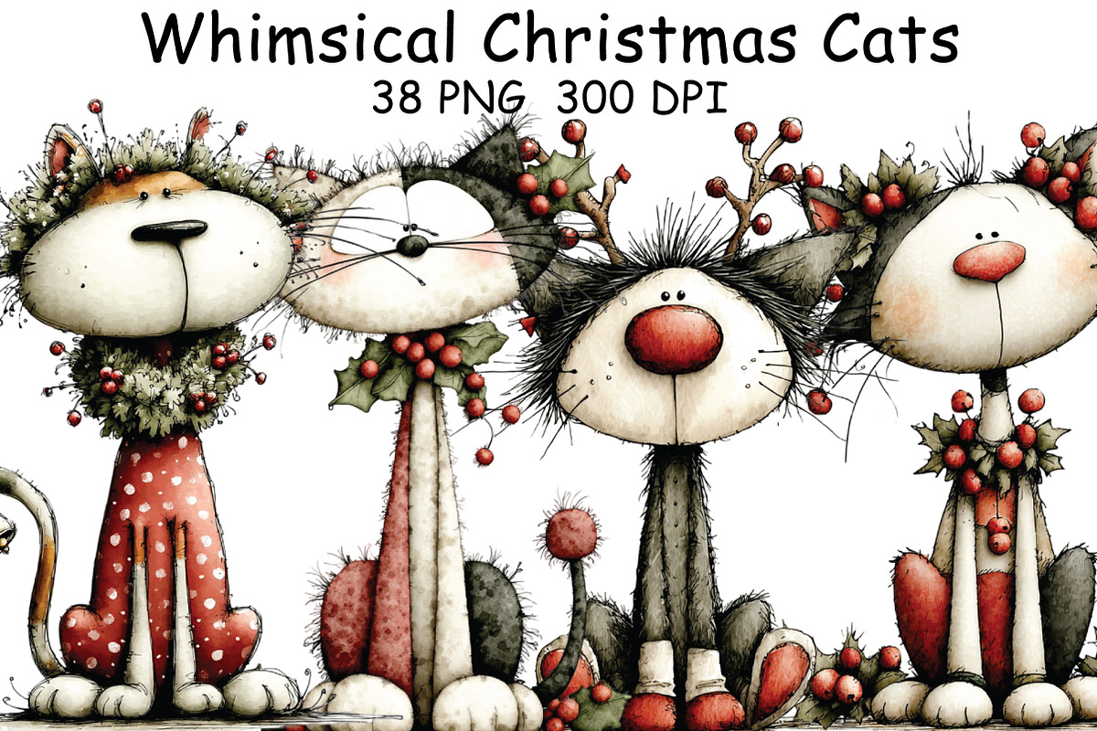 Whimsical Christmas Cats Clipart, an Illustration by CraftArtStudio (Photo 1 of 6)