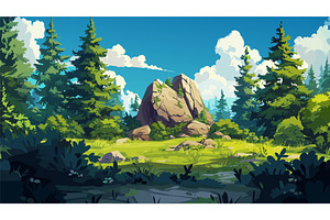 Big Rock in Middle of Pine Forest, an Illustration by LadadikArt