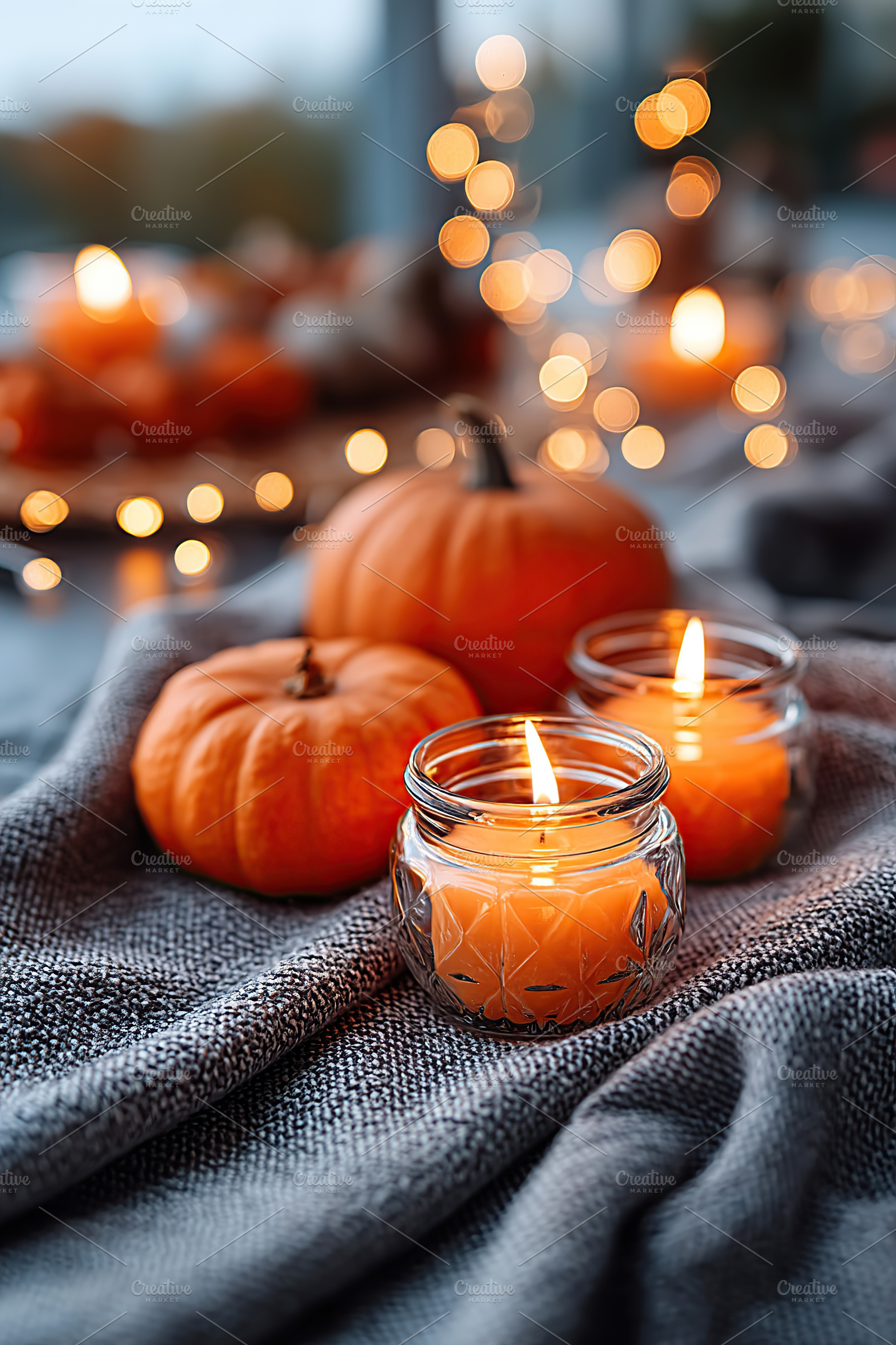 Warm autumn ambiance with glowing candles and pumpkins during harvest season, a Holiday Photo by AlyaAnd