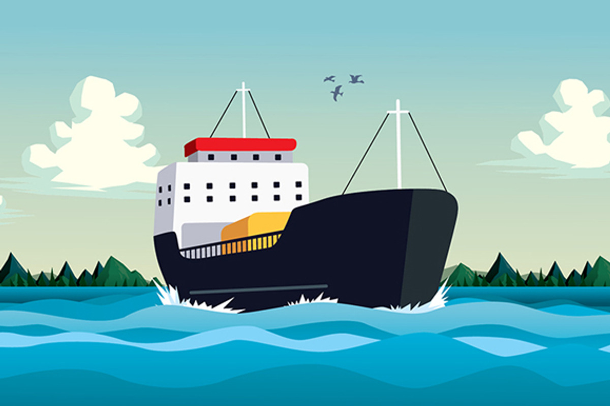 Commercial boat in sea or ocean, an Illustration by Andres Moncayo