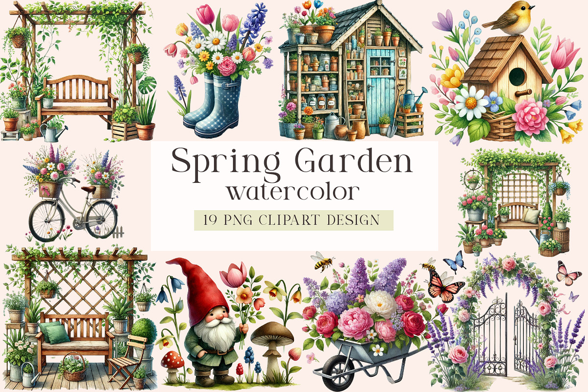 Watercolor Spring Garden Clipart, a Seasonal Illustration by DreamArtGraphic (Photo 1 of 4)