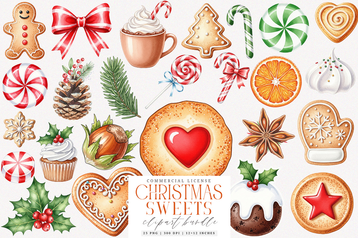 Christmas Sweets Watercolor Clipart, an Illustration by SinaCreation (Photo 1 of 7)
