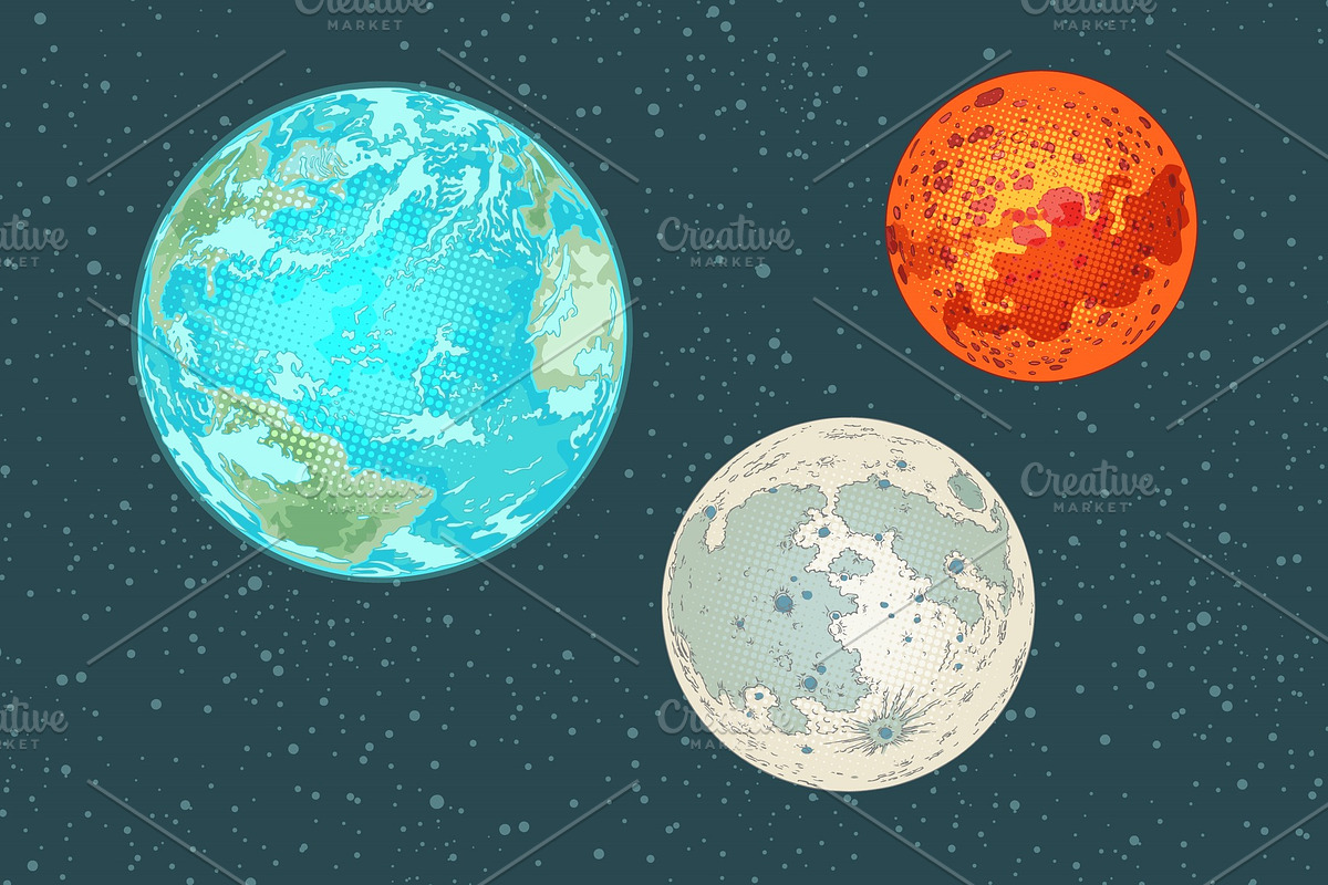 Mars earth and moon, planets of the solar system, an Illustration by studiostoks