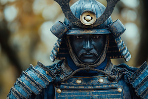 A male Asian warrior in a traditional blue samurai armor, displaying a fierce e, a Person Photo by ImageMir