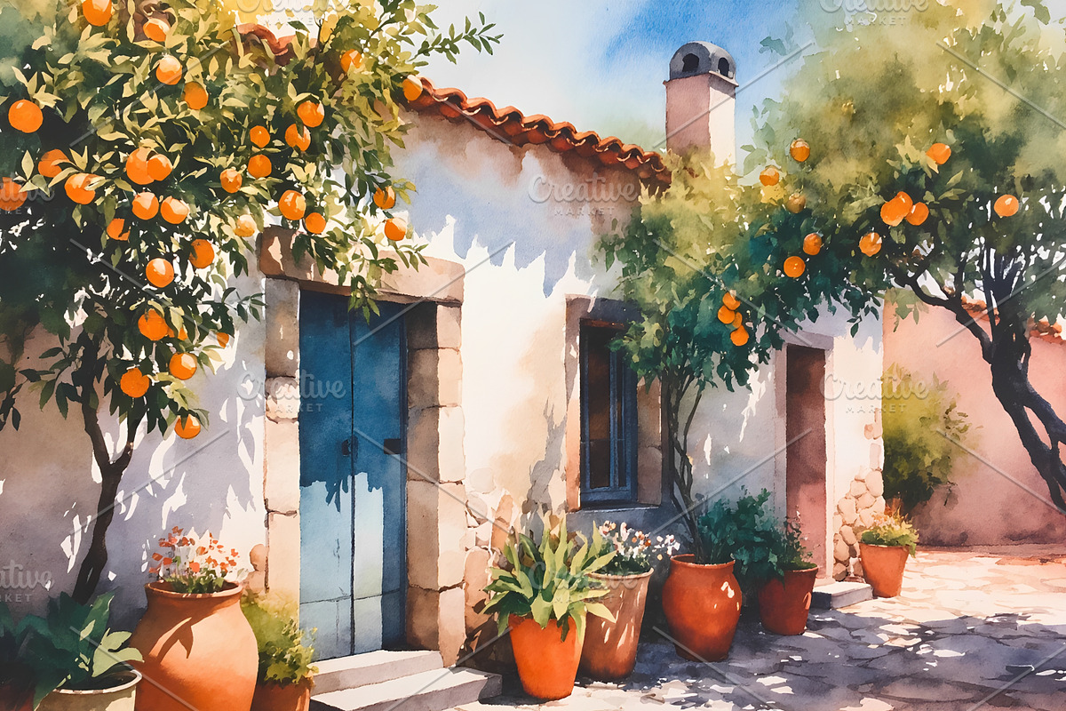 Mediterranean Orange House Art, a Background Graphic by Floraphoria (Photo 1 of 10)