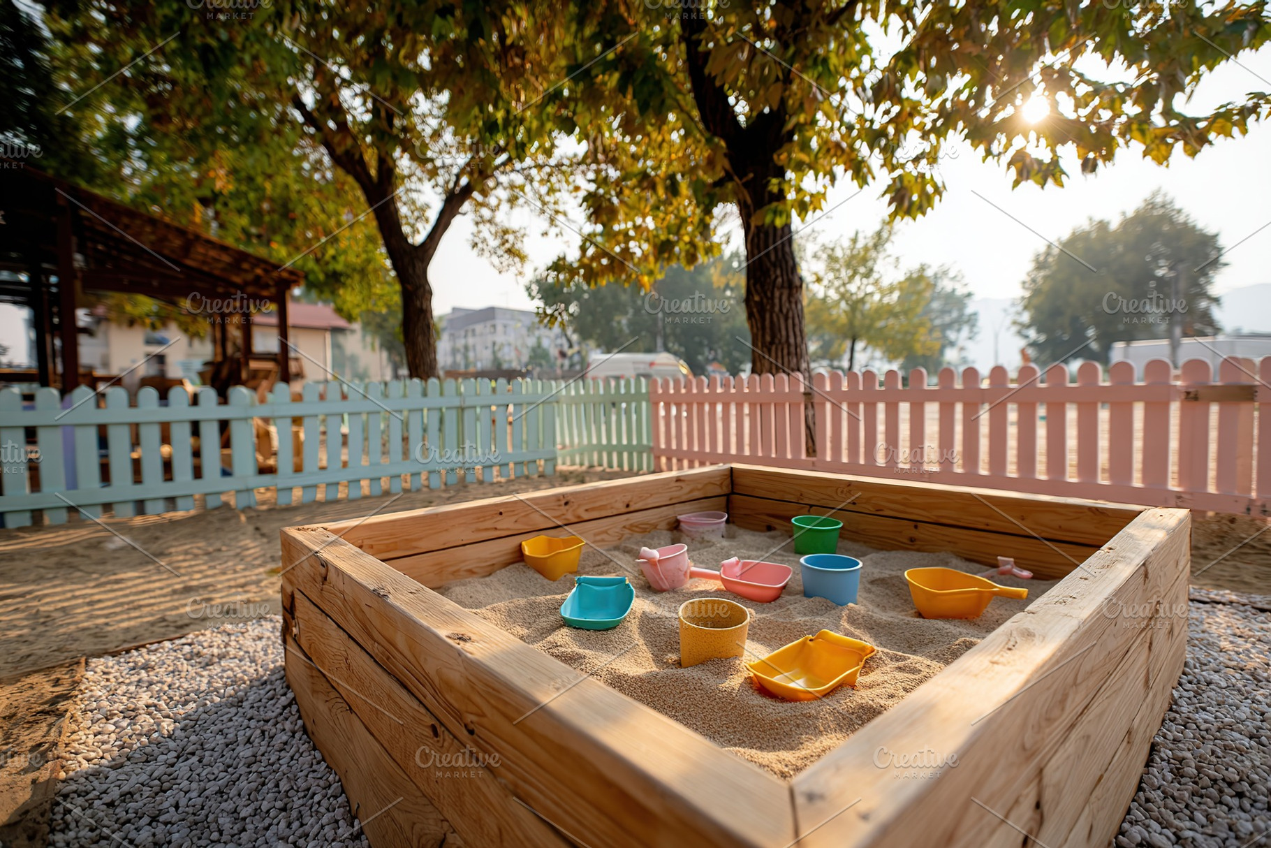 Sandbox filled with colorful toys in a sunny playground surrounded by trees, a Photo by AlyaAnd
