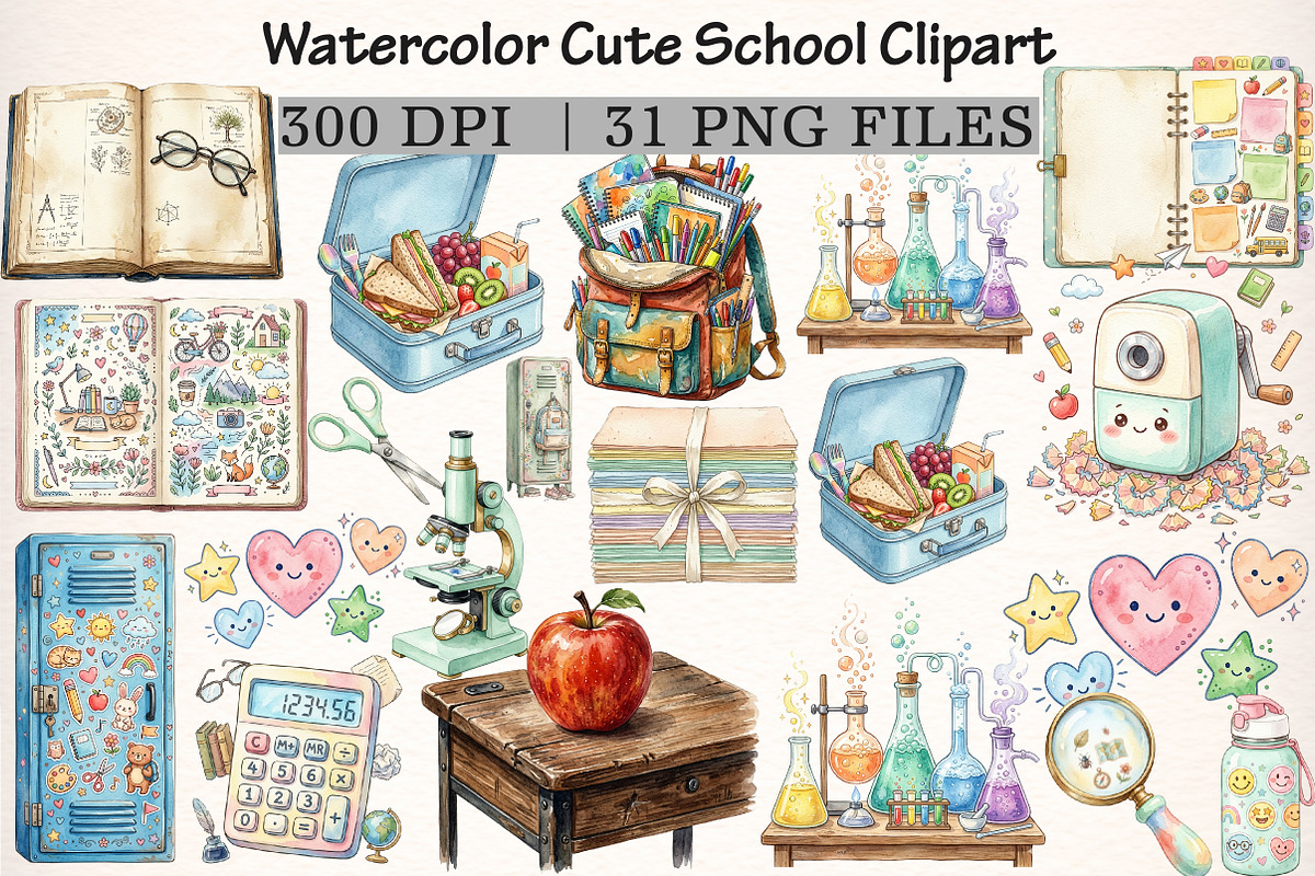 Watercolor Cute School Clipart, a Transportation Illustration by Digital Artistic99 (Photo 1 of 9)