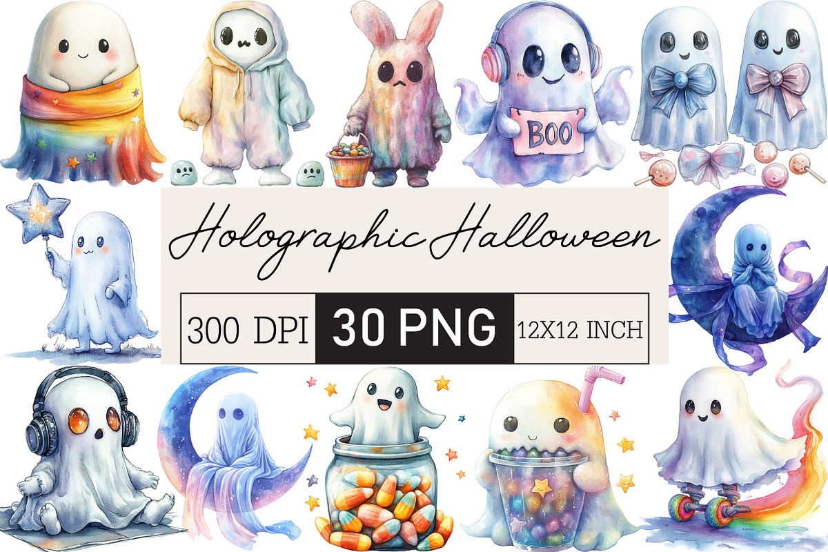 Cute Holographic Halloween Ghost, an Illustration by Black Bird Studio (Photo 1 of 6)