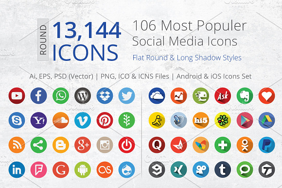 212 Flat Round Social Media Icons preview 6