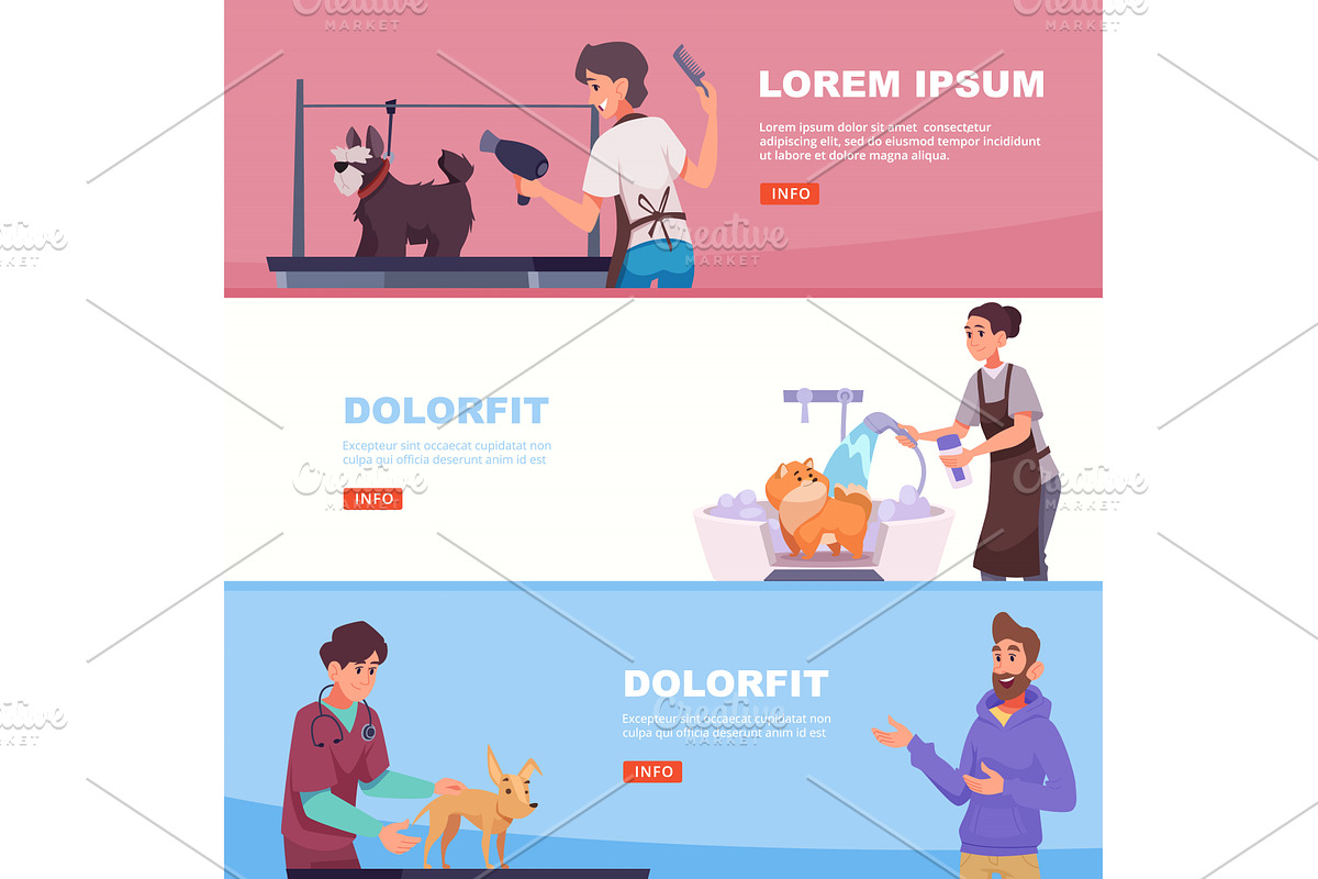 Dog grooming. banners with barber, an Animal Illustration by Onyx