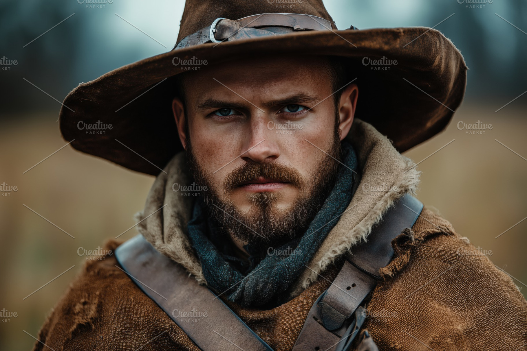 A rugged man with a thick beard and piercing blue eyes, wearing a wide-brimmed, a Person Photo by Textures & Backgrounds